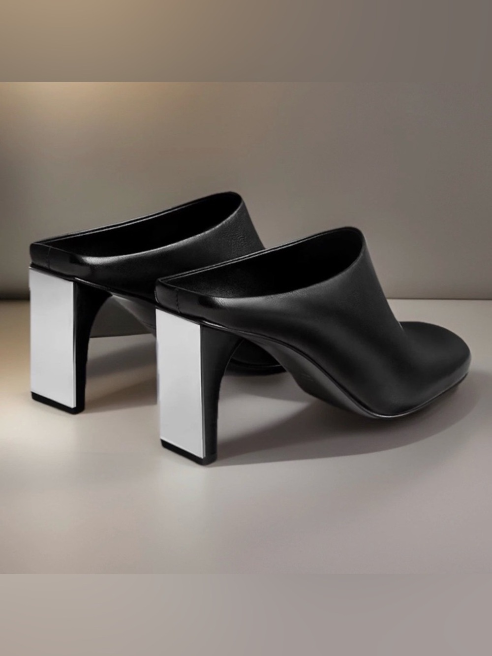 Hermes Lina 80 Mules in Black Nappa Leather with Mirror Accented Heel EU 39